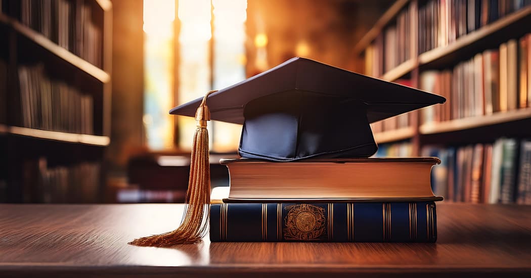 Birrete de graduación sobre libros